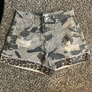POL Camo Jean Shorts with Leopard Accent